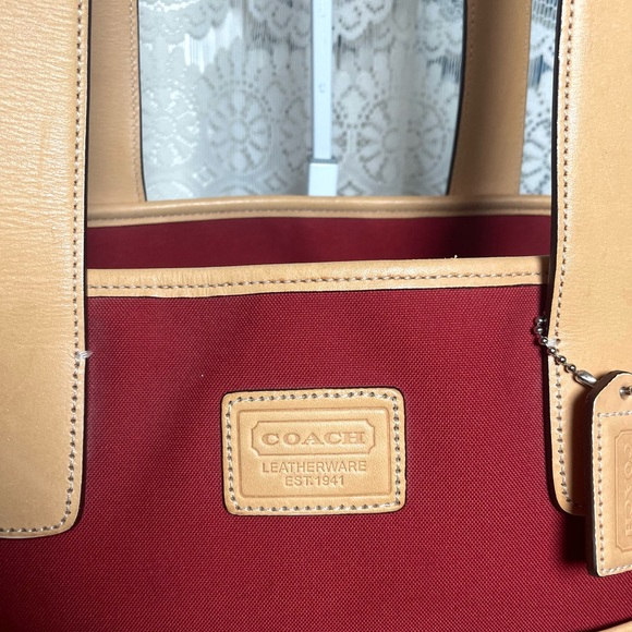 Coach Hamptons Red Canvas Vacchetta Tan Leather Trim/ Tote or Baby Tote - Picture 4 of 17
